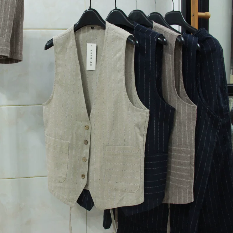 Men Formal Wear In Summer - เสื้อกั๊กผ้าลินินสไตล์ลำลองแบบอังกฤษสำหรับผู้ชาย ทรงเข้ารูป ชุดสูทธุรกิจ เสื้อกั๊กแบบมืออาชีพ ผ้าฝ้ายผสมลินิน แขนกุด