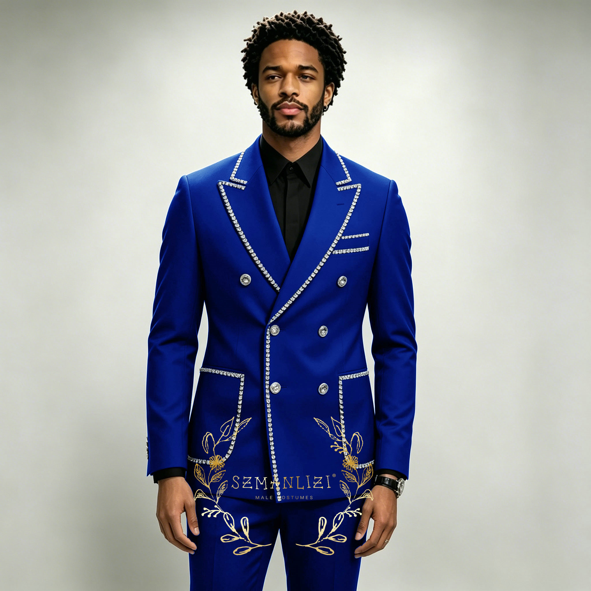 Men Formal Wear Blue - ชุดสูทผู้ชายสุดหรู 2 ชิ้น สีน้ำเงินรอยัล ประดับคริสตัล ปกแหลม