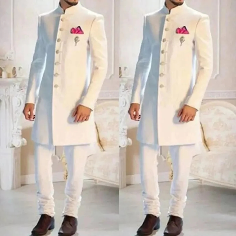 Men Formal Wear Indian - ชุดทักซิโด้สีขาว คอปกตั้ง กระดุมแถวเดียว ดีไซน์อินเดีย สำหรับเจ้าบ่าว ชุดสูทยาวสำหรับผู้ชาย