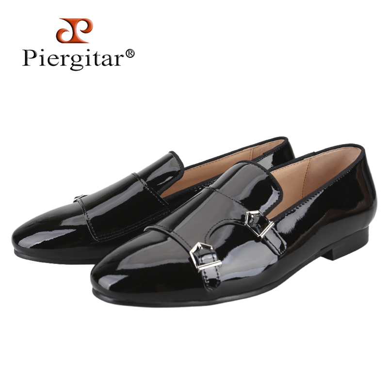 Men Formal Wear Fashion - Piergitar ใหม่สีดําสิทธิบัตรหนังผู้ชายคู่พระภิกษุสงฆ์รองเท้าสําหรับแฟชั่น/แสดงอย่างเป็นทางการสวมใส่ SLIP-ON loafers PLUS ขนาด