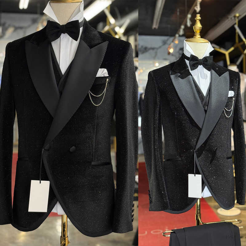 Men'S Formal Wear No Suit - ชุดสูทผู้ชายหรูหราแบบมีกลิตเตอร์ 2 ชิ้น ผ้าซาติน ปกเสื้อทรงแหลม กระดุมสองแถว