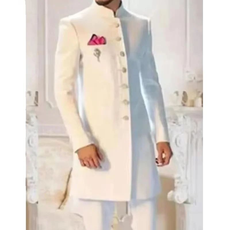 Men Formal Wear Indian - ชุดสูทผู้ชายสีขาวคลาสสิกแบบใหม่ เสื้อเบลเซอร์ทรงยาว กระดุมแถวเดียว ดีไซน์อินเดีย ชุดทักซิโด้สำหรับเจ้าบ่าว ชุดแต่งงานทรงเข้ารูป