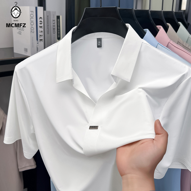 Men Formal Wear In Summer - เสื้อเชิ้ตผู้ชายปกเรียบแบบซ่อนกระดุม ดีไซน์เรียบง่าย แต่งโลหะเดี่ยว ยืดหยุ่น ระบายอากาศ ป้องกันรอยยับ