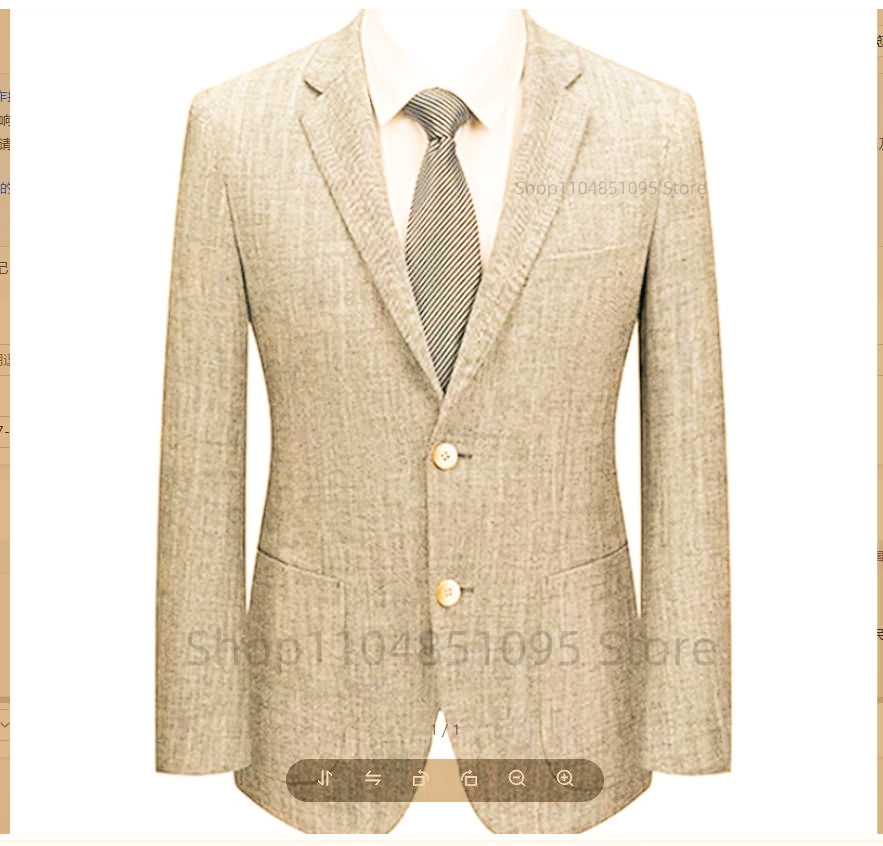 Men Formal Wear In Summer - เสื้อสูทผู้ชายทรงเข้ารูป ผ้าลินิน สีเบจ/น้ำเงิน กระดุมสองเม็ด สไตล์ลำลองสำหรับธุรกิจ เหมาะสำหรับฤดูใบไม้ผลิและฤดูร้อน