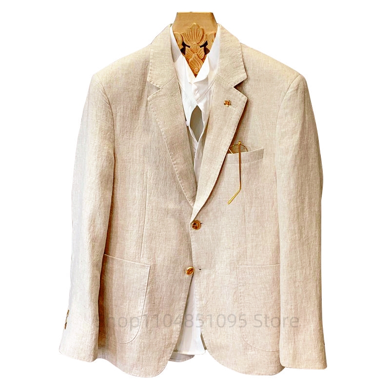 Men Formal Wear In Summer - สูทผู้ชายสีเบจ ผ้าลินิน เสื้อเบลเซอร์ แจ็คเก็ต สูทลำลองสำหรับธุรกิจ เสื้อโค้ทดีไซเนอร์