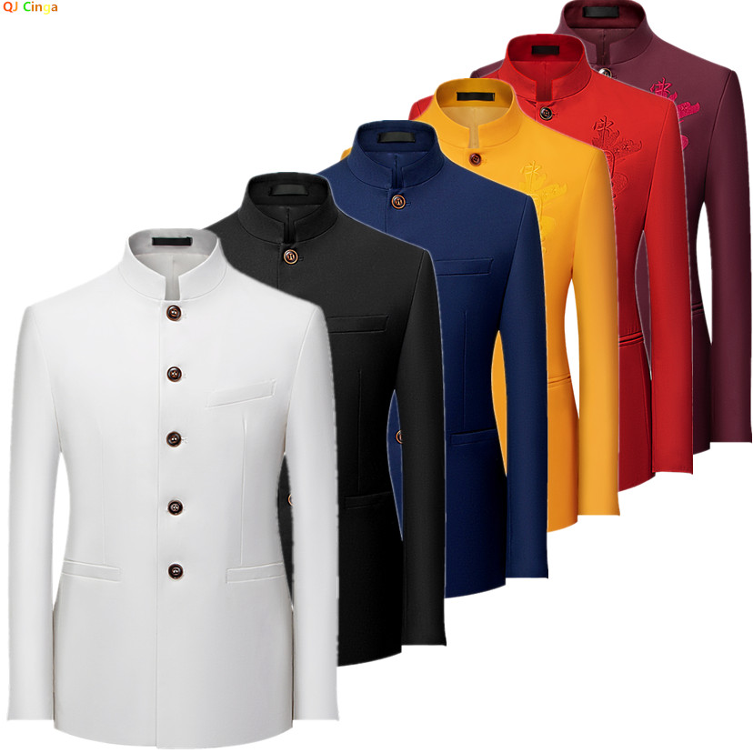 Men Formal Wear Blue - เสื้อสูทผู้ชายสไตล์จีน แขนยาว ทรงเกาหลี สำหรับงานทางการ ไซส์เอเชีย L-7XL