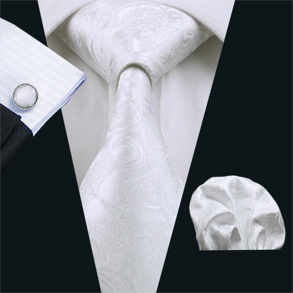 Cufflinks Silver Set - FA-393 ชาย Tie สีขาว Paisley ผ้าไหม