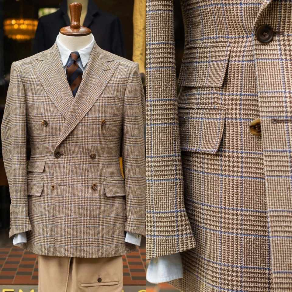 Men'S Formal Wear For Reception - ชุดสูทผู้ชายแบบดับเบิลเบรสเต็ดลายตารางสไตล์เรโทร พร้อมปกเสื้อทรงแหลม ทำจากผ้าวูล เหมาะสำหรับงานเลี้ยงรับรองทางการและงานสังสรรค์ สามารถสั่งตัดตามความต้องการได้