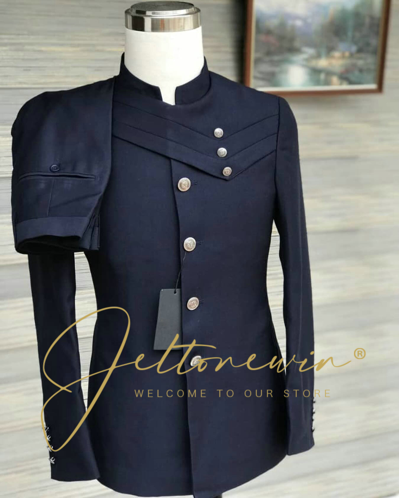 Men Formal Wear Blue - ชุดสูทสีน้ำเงินกรมท่าสำหรับผู้ชาย สไตล์ทหาร ปกตั้ง ดีไซน์กระดุมไขว้ ทรงเข้ารูป สำหรับงานแต่งงาน
