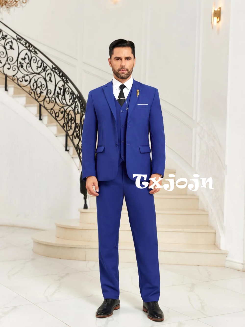 Men Formal Wear Blue - ชุดสูทผู้ชายสีน้ำเงินแบบสลิมฟิต 3 ชิ้น ชุดธุรกิจ ปกแบบโน้ตเชด ชุดทักซิโด้สำหรับงานเลี้ยง