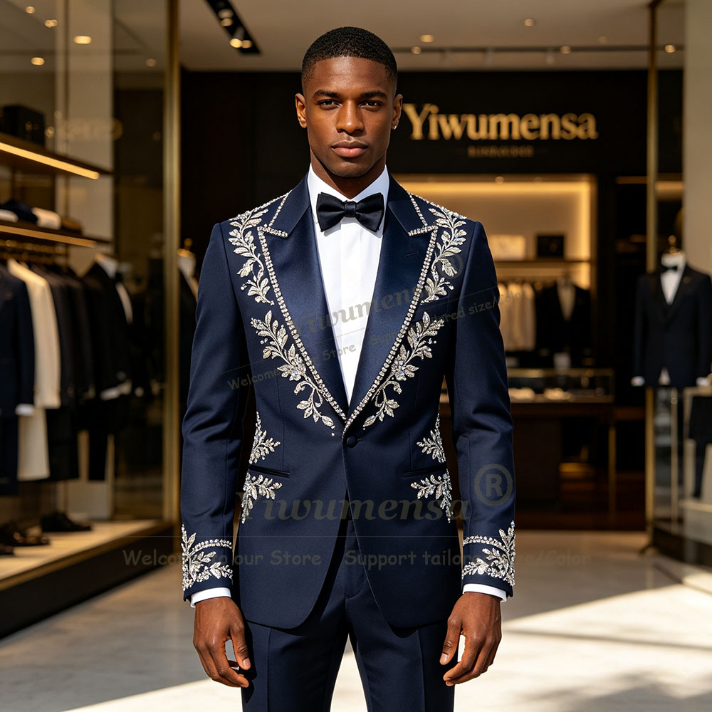 Men Formal Wear Blue - ชุดสูทสีน้ำเงินกรมท่าสุดหรูสำหรับผู้ชาย ชุด 2 ชิ้น ประดับลูกปัดวิบวับและเลื่อม แจ็คเก็ตและกางเกงทรงเข้ารูป