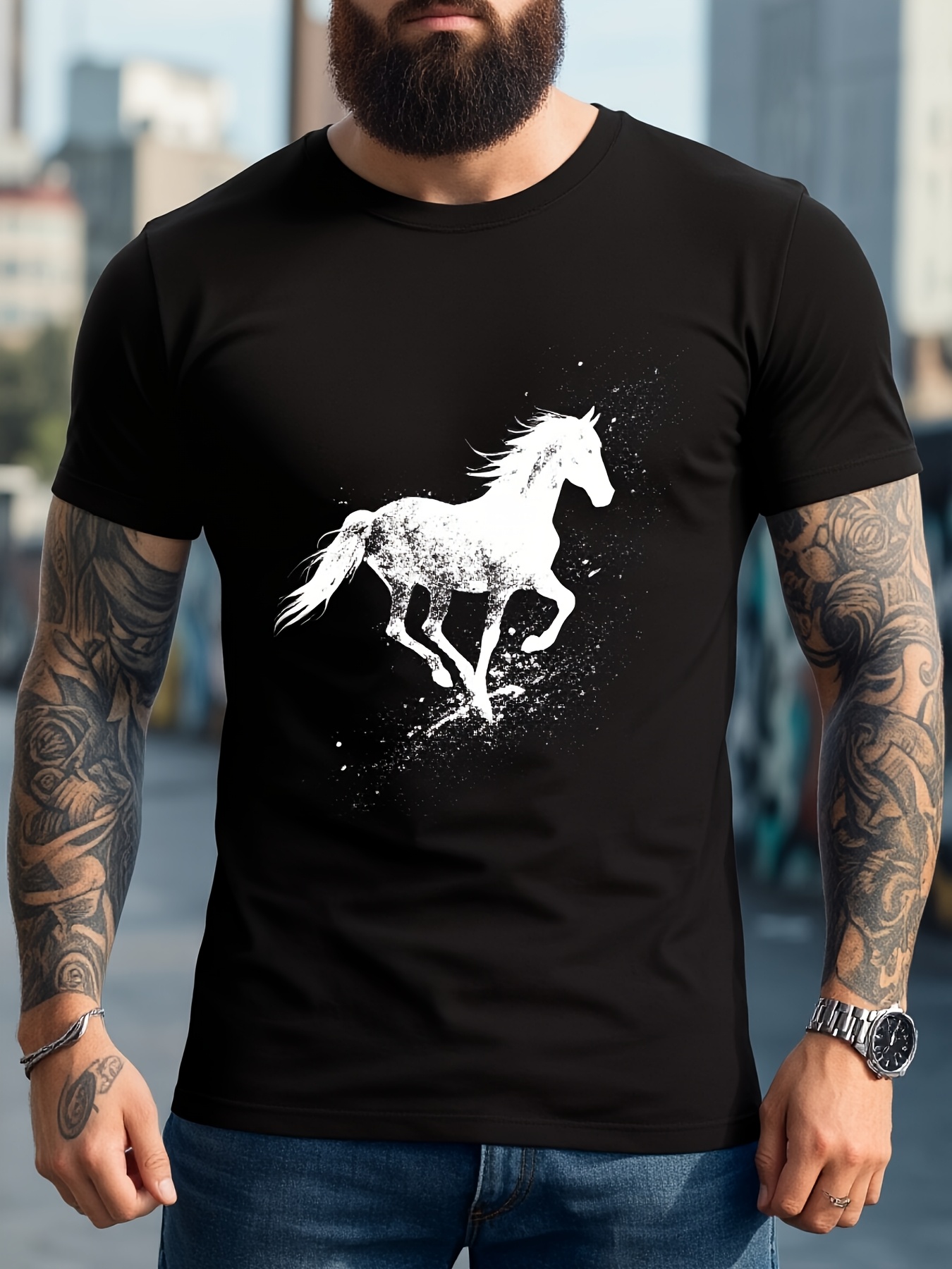 Tall Men Formal Wear - เสื้อยืดผู้ชายลายม้าแบบไดนามิก ระบายอากาศได้ดี ทรงปกติ แขนสั้นพร้อมลายกราฟิกม้า เหมาะสำหรับทั้งการสวมใส่ลำลองและทางการ สวมใส่สบายตลอดทั้งปี