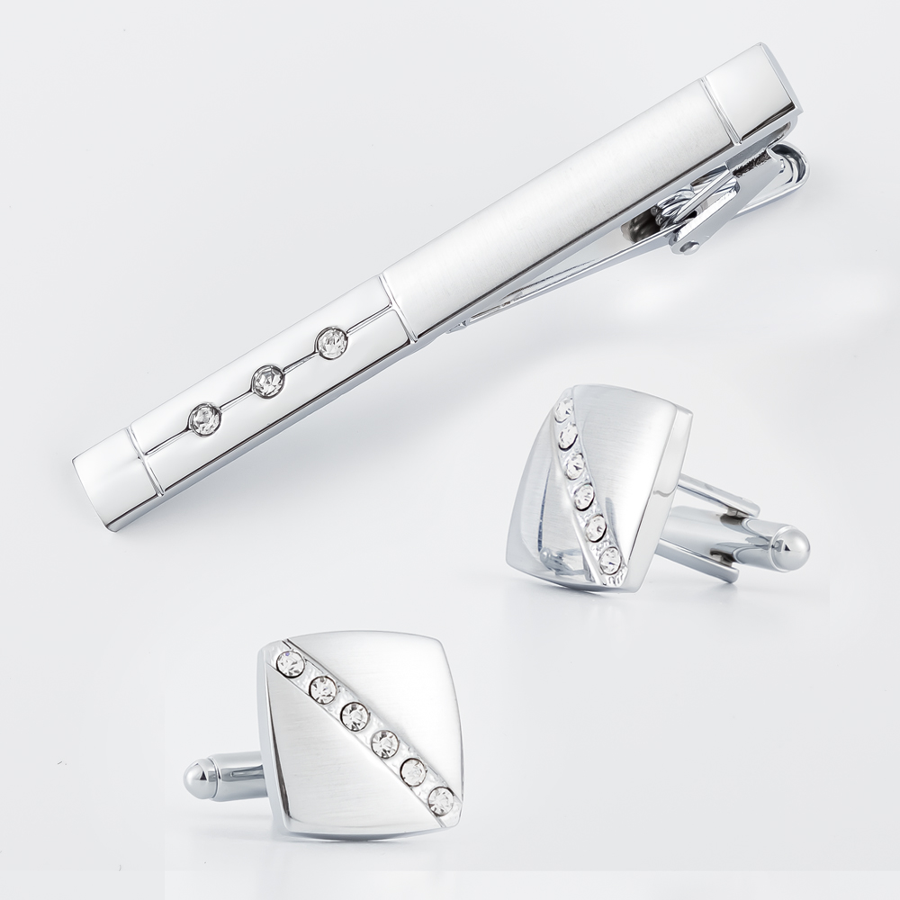 Cufflinks Silver Set - ชุดกระดุมข้อมือและคลิปหนีบเนคไทเพชรเงินสำหรับผู้ชาย แฟชั่นสำหรับงานแต่งงาน ธุรกิจ การประชุม ชุดสูท ปกเสื้อเชิ้ตแบบฝรั่งเศส