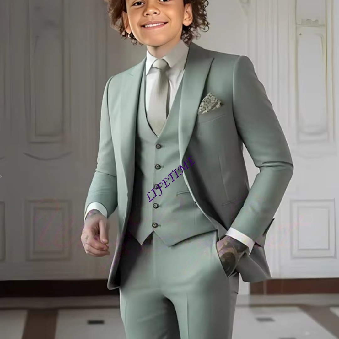 Formal Wear For Men Kids - ชุดสูทสามชิ้นสีเขียวอ่อนสำหรับเด็กชายอายุ 2-16 ปี ชุดทักซิโด้งานแต่งงาน เสื้อเบลเซอร์ กางเกง