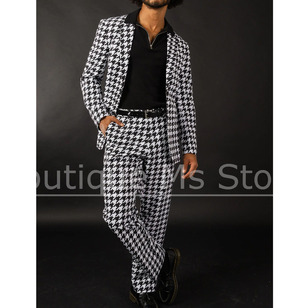 Men Formal Wear Fashion - ชุดสูทผู้ชายลายตารางหมากรุกสีดำขาว ทรงเข้ารูป ชุดเบลเซอร์และกางเกง แฟชั่นทันสมัย เหมาะสำหรับงานเลี้ยง งานทางการ