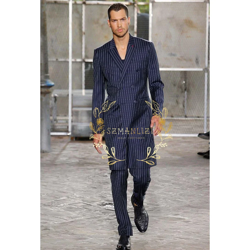 Men Formal Wear Blue - ชุดสูทผู้ชายแบบเป็นทางการ 2 ชิ้น สีน้ำเงินกรมท่า ลายทาง เสื้อสูทยาว