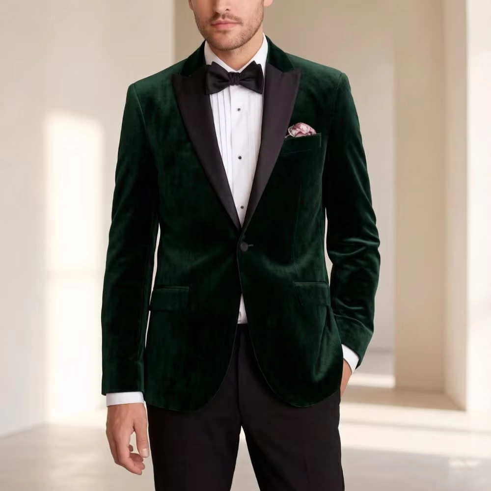Men'S Formal Wear For Reception - ชุดสูทเบลเซอร์กำมะหยี่สำหรับผู้ชาย ทรงสลิมฟิต ชุดสูททางการสำหรับงานแต่งงาน 1 ชิ้น ดีไซน์ผสมผสานการตัดเย็บอย่างประณีต