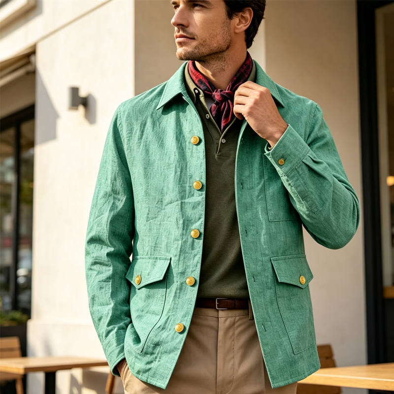 Men'S Vintage Formal Wear - เสื้อแจ็คเก็ตผ้าลินินผู้ชายสไตล์วินเทจ ปกเสื้อแบบปกเชิ้ต กระดุมทอง ทรงเข้ารูป สวมใส่สบาย น้ำหนักเบา